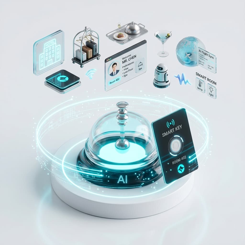 AI concierge robot in luxury hotel lobby